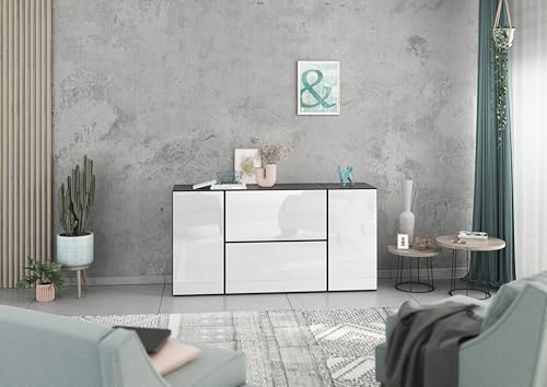 BMG Möbel Sideboard Set Modul+ 4 teilig in Anthrazit oder Weiß Fronten wählbar in 4 modernen Farben, mit oder ohne Fußset, individuell montierbar (Anthrazit - Weiß Hochglanz, Ohne Füße) von BMG Möbel