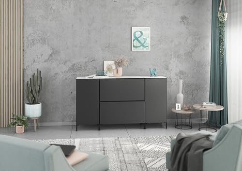 BMG Möbel Sideboard Set Modul+ 4 teilig in Anthrazit oder Weiß Fronten wählbar in 4 modernen Farben, mit oder ohne Fußset, individuell montierbar (Weiß - Anthrazit Matt, Mit Füßen) von BMG Möbel
