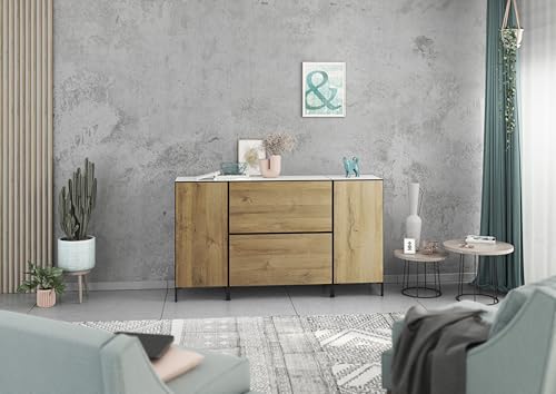 BMG Möbel Sideboard Set Modul+ 4 teilig in Anthrazit oder Weiß Fronten wählbar in 4 modernen Farben, mit oder ohne Fußset, individuell montierbar (Weiß - Evoke Eiche, Mit Füßen) von BMG Möbel