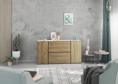 BMG Möbel Sideboard Set Modul+ 4 teilig in Anthrazit oder Weiß Fronten wählbar in 4 modernen Farben, mit oder ohne Fußset, individuell montierbar (Weiß - Evoke Eiche, Ohne Füße) von BMG Möbel
