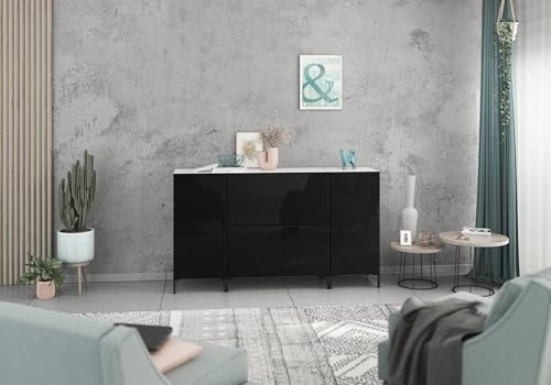 BMG Möbel Sideboard Set Modul+ 4 teilig in Anthrazit oder Weiß Fronten wählbar in 4 modernen Farben, mit oder ohne Fußset, individuell montierbar (Weiß - Schwarz Hochglanz, Mit Füßen) von BMG Möbel