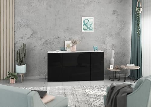 BMG Möbel Sideboard Set Modul+ 4 teilig in Anthrazit oder Weiß Fronten wählbar in 4 modernen Farben, mit oder ohne Fußset, individuell montierbar (Weiß - Schwarz Hochglanz, Ohne Füße) von BMG Möbel