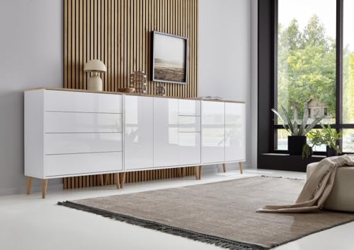 BMG Möbel Sideboard mit Holzfüße »Mailand Set 7«, Korpus weiß matt und weiß lackierte Hochglanzfronten, Oberboden in Artisan Eiche von BMG Möbel