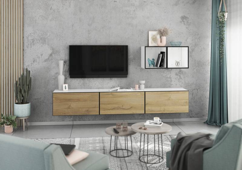 BMG Möbel Wohnwand Modul+, (Lowboard-Set mit Wandregalen bestehend aus, 3x Hängeelement mit Klappen, 2x offenes Würfelregal), wandhängend mit Softclose, Made in Germany von BMG Möbel