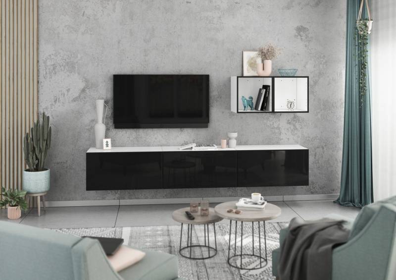 BMG Möbel Wohnwand Modul+, (Lowboard-Set mit Wandregalen bestehend aus, 3x Hängeelement mit Klappen, 2x offenes Würfelregal), wandhängend mit Softclose, Made in Germany von BMG Möbel