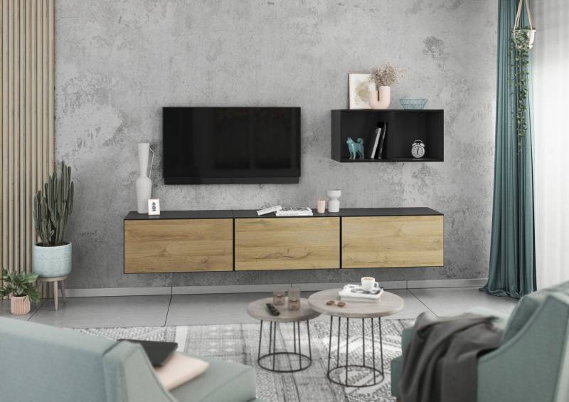 BMG Möbel Wohnwand Modul+, (Lowboard-Set mit Wandregalen bestehend aus, 3x Hängeelement mit Klappen, 2x offenes Würfelregal), wandhängend mit Softclose, Made in Germany von BMG Möbel