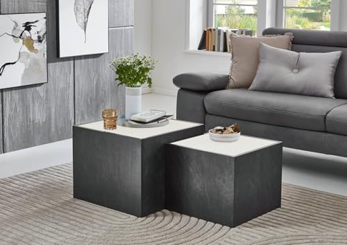 BMG Möbel Wohnzimmer Couchtisch 2er Set in Würfelform, stapelbar, 50 x 50 cm und 43 x 43 cm, Schiefer Dekor, Absetzung in Artisan Eiche oder Weiß (Schiefer/Weiß) von BMG Möbel