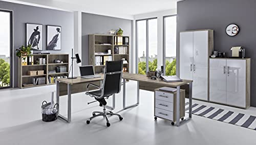 Büromöbel komplett Set Arbeitszimmer Office Edition in Eiche Sonoma/Weiß Hochglanz lackiert (Set 6) von BMG Möbel