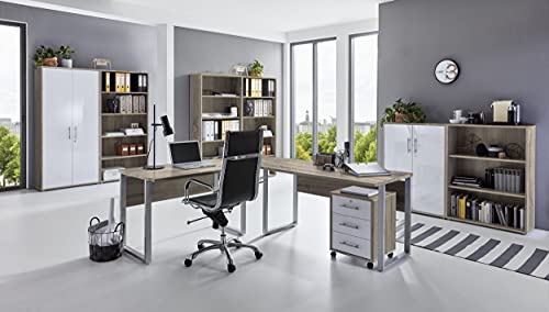 Büromöbel komplett Set Arbeitszimmer Office Edition in Eiche Sonoma/Weiß Hochglanz lackiert (Set 7) von BMG Möbel