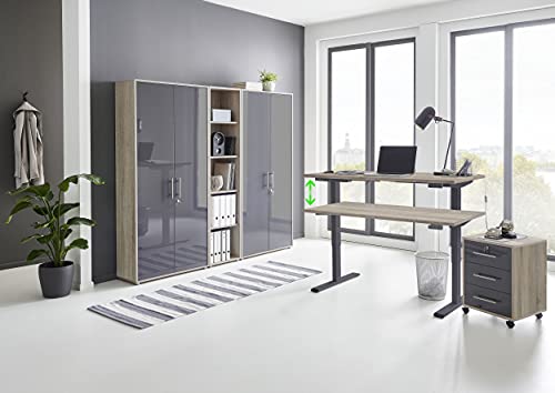 Büromöbel komplett Set mit elektrisch höhenverstellbaren Schreibtisch Arbeitszimmer e-Dition in Eiche Sonoma/Anthrazit Hochglanz lackiert/Gestell Anthrazit (Set 10) von BMG Möbel