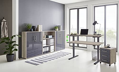 Büromöbel komplett Set mit elektrisch höhenverstellbaren Schreibtisch Arbeitszimmer e-Dition in Eiche Sonoma/Anthrazit Hochglanz lackiert/Gestell Anthrazit (Set 9) von BMG Möbel