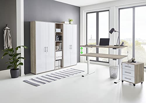 Büromöbel komplett Set mit elektrisch höhenverstellbaren Schreibtisch Arbeitszimmer e-Dition in Eiche Sonoma/Weiß Matt Gestell Weiß (Set 10) von BMG Möbel