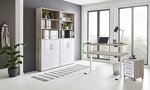 Büromöbel komplett Set mit elektrisch höhenverstellbaren Schreibtisch Arbeitszimmer e-Dition in Eiche Sonoma/Weiß Matt Gestell Weiß (Set 11) von BMG Möbel