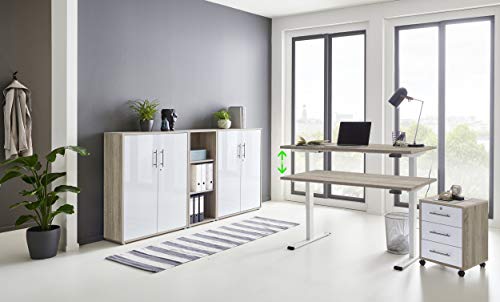 Büromöbel komplett Set mit elektrisch höhenverstellbaren Schreibtisch Arbeitszimmer e-Dition in Eiche Sonoma/Weiß Matt Gestell Weiß (Set 8) von BMG Möbel