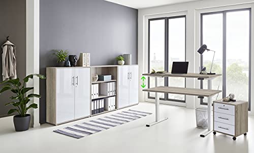 Büromöbel komplett Set mit elektrisch höhenverstellbaren Schreibtisch Arbeitszimmer e-Dition in Eiche Sonoma/Weiß Matt Gestell Weiß (Set 9) von BMG Möbel