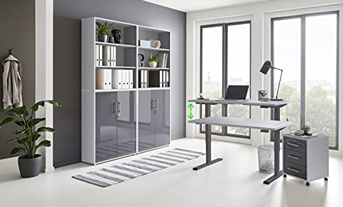 Büromöbel komplett Set mit elektrisch höhenverstellbaren Schreibtisch Arbeitszimmer e-Dition in Lichtgrau/Anthrazit Hochglanz lackiert/Gestell Anthrazit (Set 11) von BMG Möbel