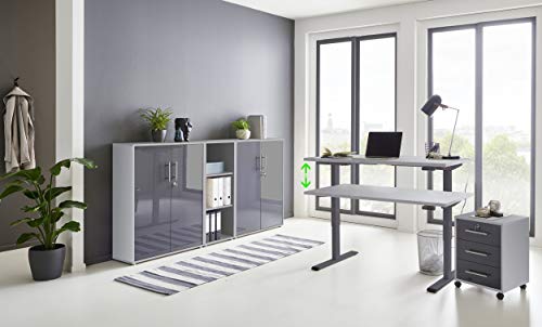 Büromöbel komplett Set mit elektrisch höhenverstellbaren Schreibtisch Arbeitszimmer e-Dition in Lichtgrau/Anthrazit Hochglanz lackiert/Gestell Anthrazit (Set 8) von BMG Möbel