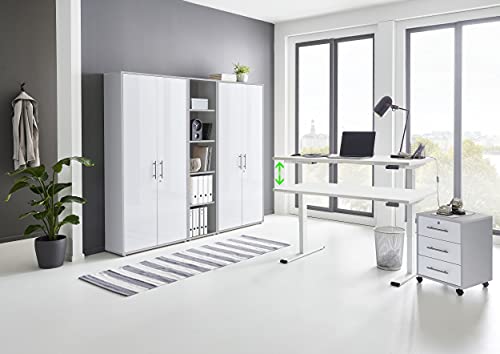 Büromöbel komplett Set mit elektrisch höhenverstellbaren Schreibtisch in Weiß Arbeitszimmer e-Dition in Lichtgrau/Weiß Matt/Gestell Weiß (Set 10) von BMG Möbel