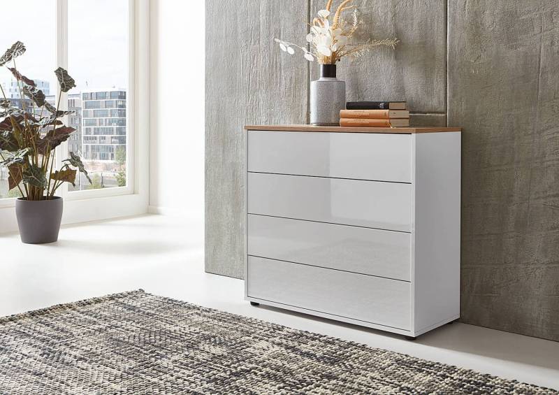 home24 Kommode Typ A 79 x 73 x 33cm Weiß/Hochglanz Weiß/Eiche Artisan Dekor von home24