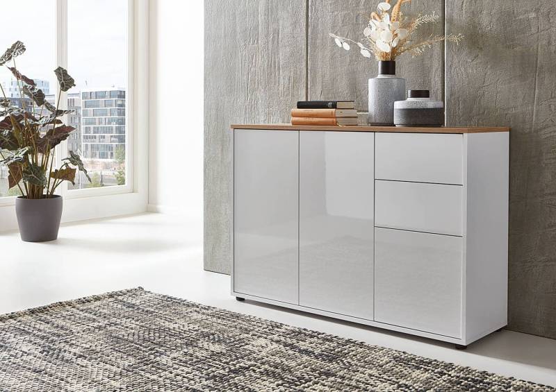 home24 Kommode Typ C 106 x 73 x 33cm Weiß/Hochglanz Weiß/Eiche Artisan Dekor von home24