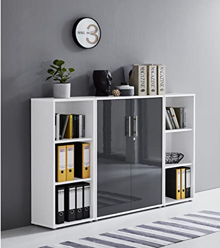 Schrankwand Office Edition abschliessbarer Aktenschrank Büroschrank Büromöbel Regal in Weiß/Anthrazit Hochglanz (Set 2) von BMG Möbel