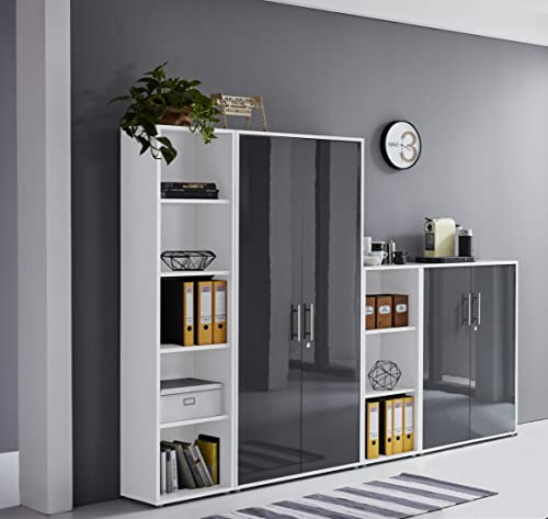 Schrankwand Office Edition abschliessbarer Aktenschrank Büroschrank Büromöbel Regal in Weiß/Anthrazit Hochglanz (Set 4) von BMG Möbel