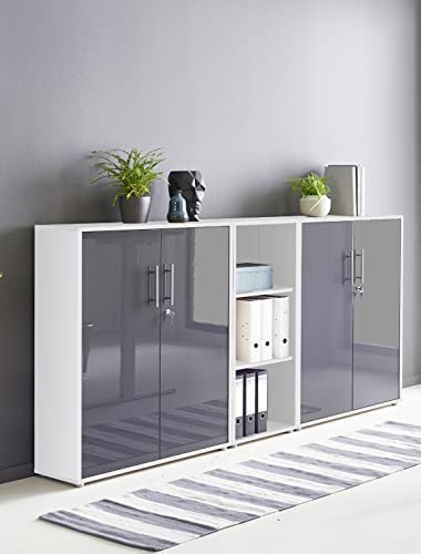 Schrankwand Office Edition abschliessbarer Aktenschrank Büroschrank Büromöbel Regal in Weiß/Anthrazit Hochglanz (Set 8) von BMG Möbel