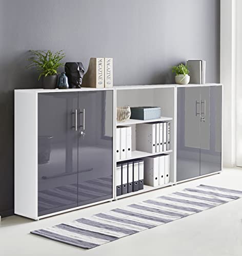 Schrankwand Office Edition abschliessbarer Aktenschrank Büroschrank Büromöbel Regal in Weiß/Anthrazit Hochglanz (Set 9) von BMG Möbel