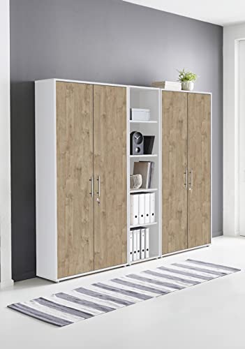 Schrankwand Office Edition abschliessbarer Aktenschrank Büroschrank Büromöbel Regal in Weiß/Gold Harbor Oak (Set 10) von BMG Möbel