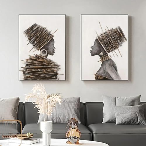 Abstrakte afrikanische Frau Porträt Kunst Malerei Leinwand Poster und Drucke Dunkelbraun Schwarz Mädchen Wandbilder Dekor 60x90cmx2 Rahmenlos von BMGKYAGL