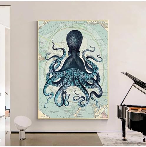 BMGKYAGL Kraken Octopus Tentakeln Vintage Poster und Drucke Wandkunst Bild Leinwand Malerei Wohnzimmer Heimdekoration Kunstwerk 50x70cm Rahmenlos von BMGKYAGL