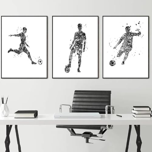 BMGKYAGL Schwarz-weiße Jungen-Fußball-Plakate und Drucke auf Leinwand, Wandkunst, Bilder für Jugendzimmer, Heimdekoration, 60 x 90 x 3 cm, rahmenlos von BMGKYAGL