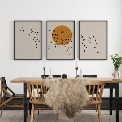 BMGKYAGL Vogelschwarm Silhouette Sonne Minimalistisches Vintage Poster Drucke Leinwand Malerei Wandkunst Bild Wohnkultur 30x45cmx3 Rahmenlos von BMGKYAGL