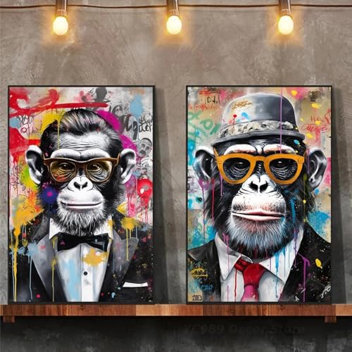 Graffiti-Affen-Kunst-Poster und Drucke, Wohnzimmer, Heimdekoration, intelligenter, lustiger, cooler Affe mit Sonnenbrille, Leinwandgemälde, Wandkunst, 40 x 60 cm x 2, rahmenlos von BMGKYAGL