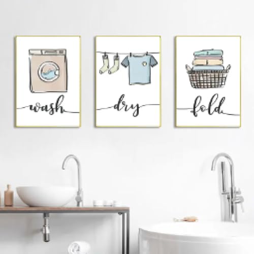 Modernes, niedliches Waschküchen-Kunst-Dekorationsplakat mit Wasch-Trocken-Falt-Wiederholungszeichen-Muster, Leinwandbild, Poster, 20 x 30 cm, 3 Rahmen von BMGKYAGL