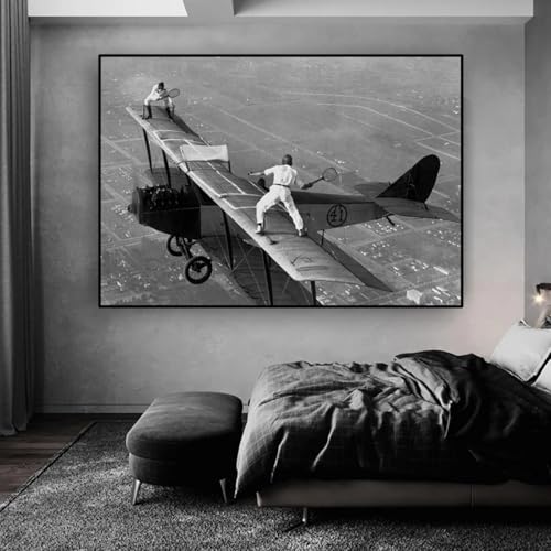Poster „Tennis spielen im Flugzeug“, Druck auf Leinwand, Wandkunst, Schwarz-Weiß, Vintage-Kunst, Gemälde, Heimdekoration, 60 x 80 cm, rahmenlos von BMGKYAGL