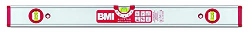 BMI Alu-Profil Wasserwaage ALUSTAR mit Magnet + 2 V (180 cm lang, kantenlose Horizontal-Libelle mit Lupen-Effekt, hohe Messgenauigkeit 0,5 mm/m, mit Gummiendkappen) 694180EMS von BMI