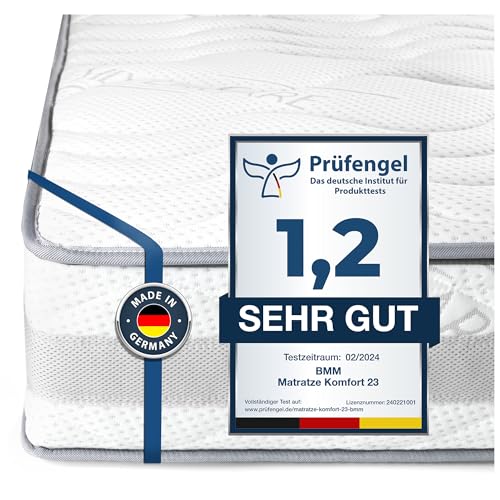 BMM Matratze 140x200cm Komfort 23 H4 extra fest/Kaltschaummatratze Öko-Tex Zertifiziert/orthopädische 7 Zonen Matratze Höhe 23cm Komfort 23 / Matratzen produziert in Deutschland von BMM