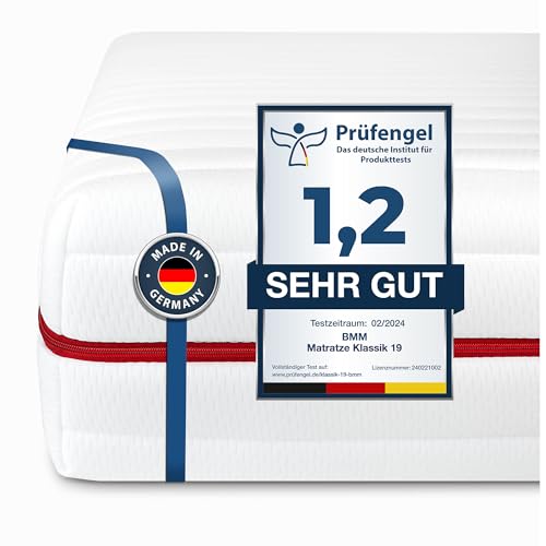 BMM Matratze 90x210 cm Klassik 19 Härtegrad H5 Ultra fest/Kaltschaummatratze Öko-Tex Zertifiziert/orthopädische 7 Zonen Matratze Höhe 19 cm/Matratzen produziert in Deutschland von BMM