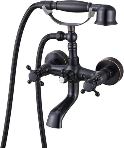 Clawfoot Wannenarmatur mit Handbrause, Wandmontage, Badewannenarmatur, 360° Doppel-Kreuzgriff, Schwenkauslauf, Vintage-Wannen-Dusch-Set mit Adapter, verstellbare Schwenkarme (mattschwarz) von BMQFonanza