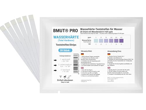 20x Wasserhärte Teststreifen Testkit - °dH Deutscher Härtebereich in weich, mittel und hart sowie 0-425 ppm, Gesamthärte von BMUT