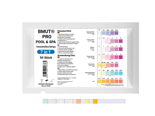 50x 7in1 Pool & Spa Teststreifen im Schnellverschlussbeutel – 7 Parameter/Indikatoren – High-End-Qualität von BMUT