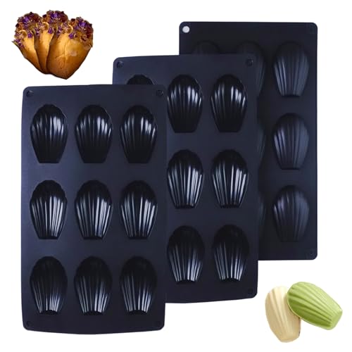 BMZXCH 3 Stück Stampo Madeleine Form, 9 Hohlräume Madeleine Formen Silikon Mini Madeleine Madeleines Backformen Backform Silikon für Madeleine Schokolade Süßigkeiten Kekse Eiswürfel (Schwarz) von BMZXCH