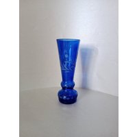 Boho Kristall Czech Kobaltblau Vase/Mid Century Glasschliff Blumenmotiv Vintage Glasvase von BMvintageArt
