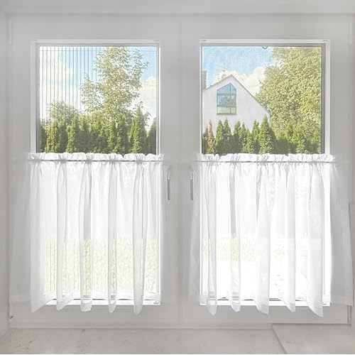 BN Scheibengardine Voile in Weiß – Uni Voile French - halbtransparente Küchengardine, einfarbig mit Köpfchen für Stangendurchzug – Oeko-TEX 100 (H/B: 100/60 cm) von BN Gardinen