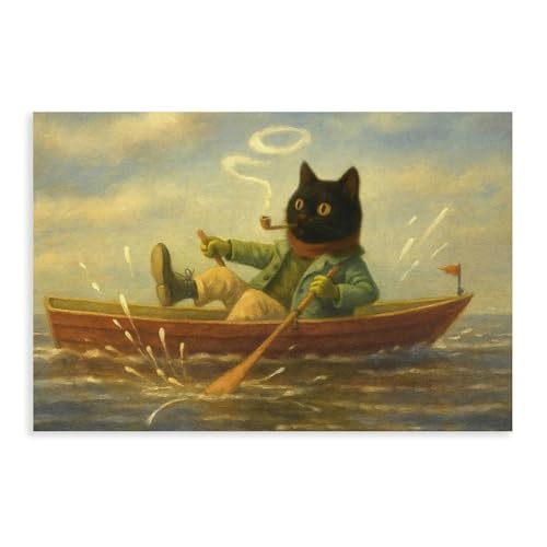 Skurriles Kätzchen auf einem Boot, das ein rauchendes Leinwand-Poster Wandkunstdruck, Bild, Gemälde, 50 x 75 cm von BNCEDJK
