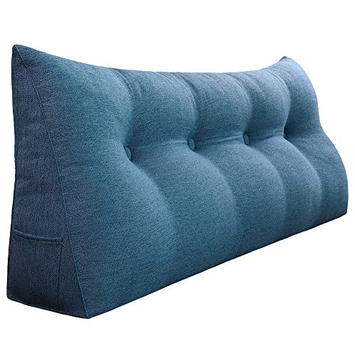 BNCKTRD Keilförmiger Kopfkissen Schlafzimmer Lesekissen Rückenstütze beim Sitzen im Bett Ergonomisches Lumbarkissen Körperpositionierung Bettkissen Leinen Bezug 140cm Blau von BNCKTRD