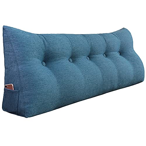 BNCKTRD Keilförmiger Kopfkissen Schlafzimmer Lesekissen Rückenstütze beim Sitzen im Bett Ergonomisches Lumbarkissen Körperpositionierung Bettkissen Leinen Bezug 160cm Blau von BNCKTRD