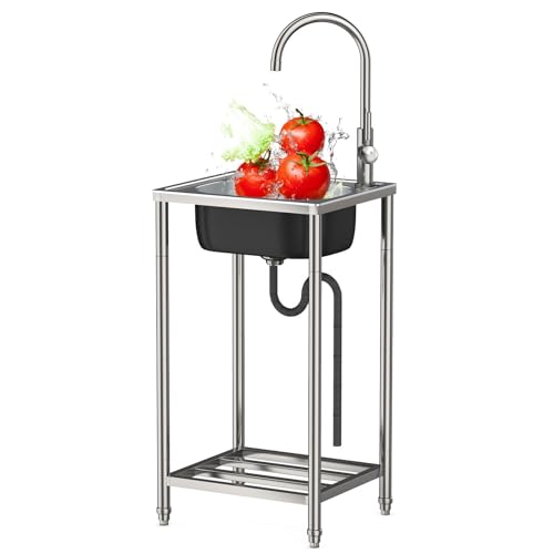 BNDDUP Freistehende Spüle Edelstahl Spültisc, Spüle mit Unterschrank Gewerbliche Spülbecken mit Wasserhahn und Ablassvorrichtung, Für Outdoor Spüle Garten Spülbecken Küchenspüle (33 * 38 * 82CM) von BNDDUP