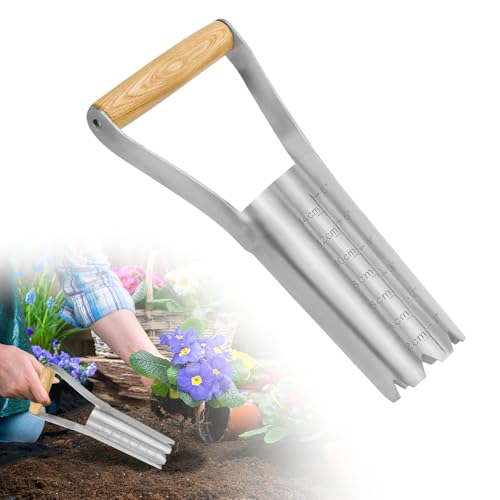 BNGXR Blumenzwiebelpflanzer, Blumenzwiebel Pflanzgefäß, Gartengeräte aus Edelstahl, Lochspaten mit Holzgriff und Tiefenskala, für die Aussaat von Samen in Gärten Unkraut jäten von BNGXR